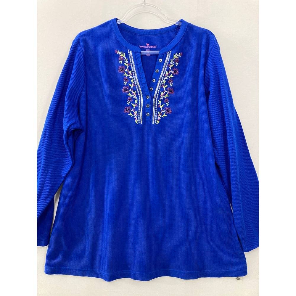 Woman Within Henley Top size 1X 22/24 Floral Embroidered Waffle Knit Thermal‎